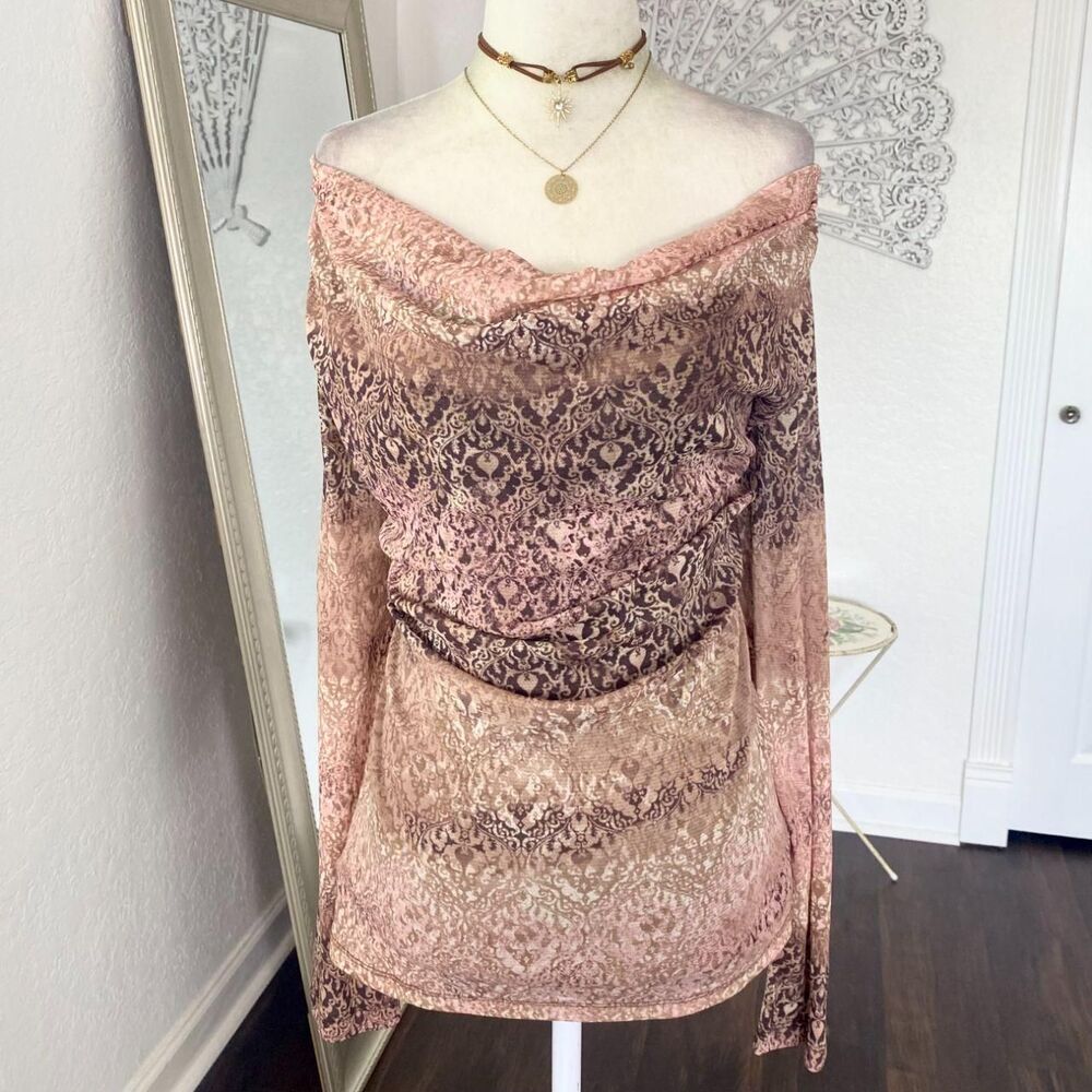 Early 2000's Y2K Whimsygoth pink brown Mesh Fairygrunge Off Shoulder Top L